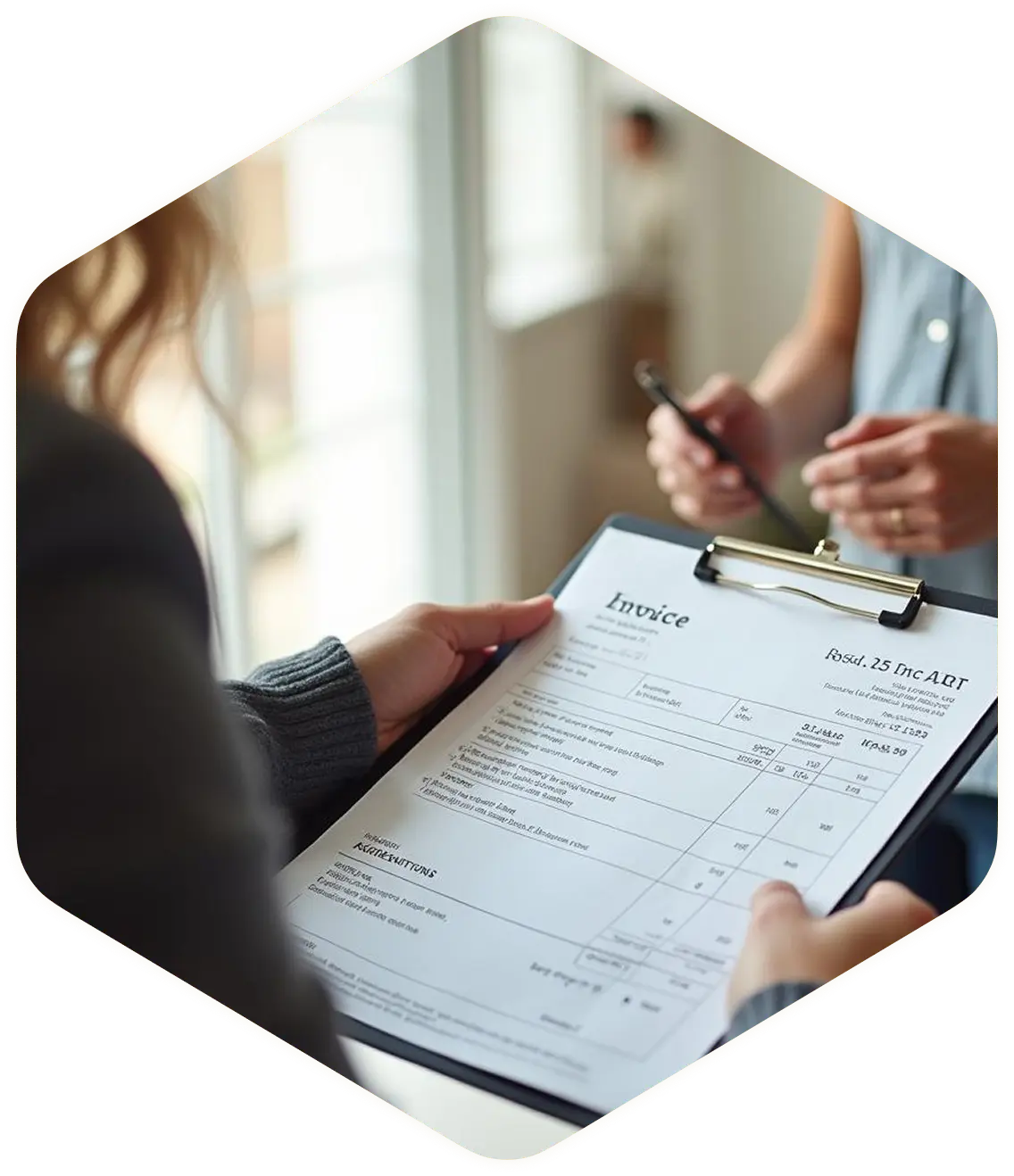 Person holding a clipboard with an invoice.